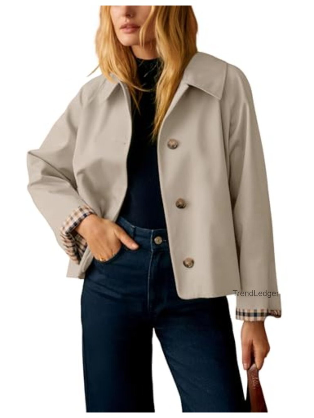 Womens Short Trench Jacket Plaid Lining Button Front Lightweight Casual